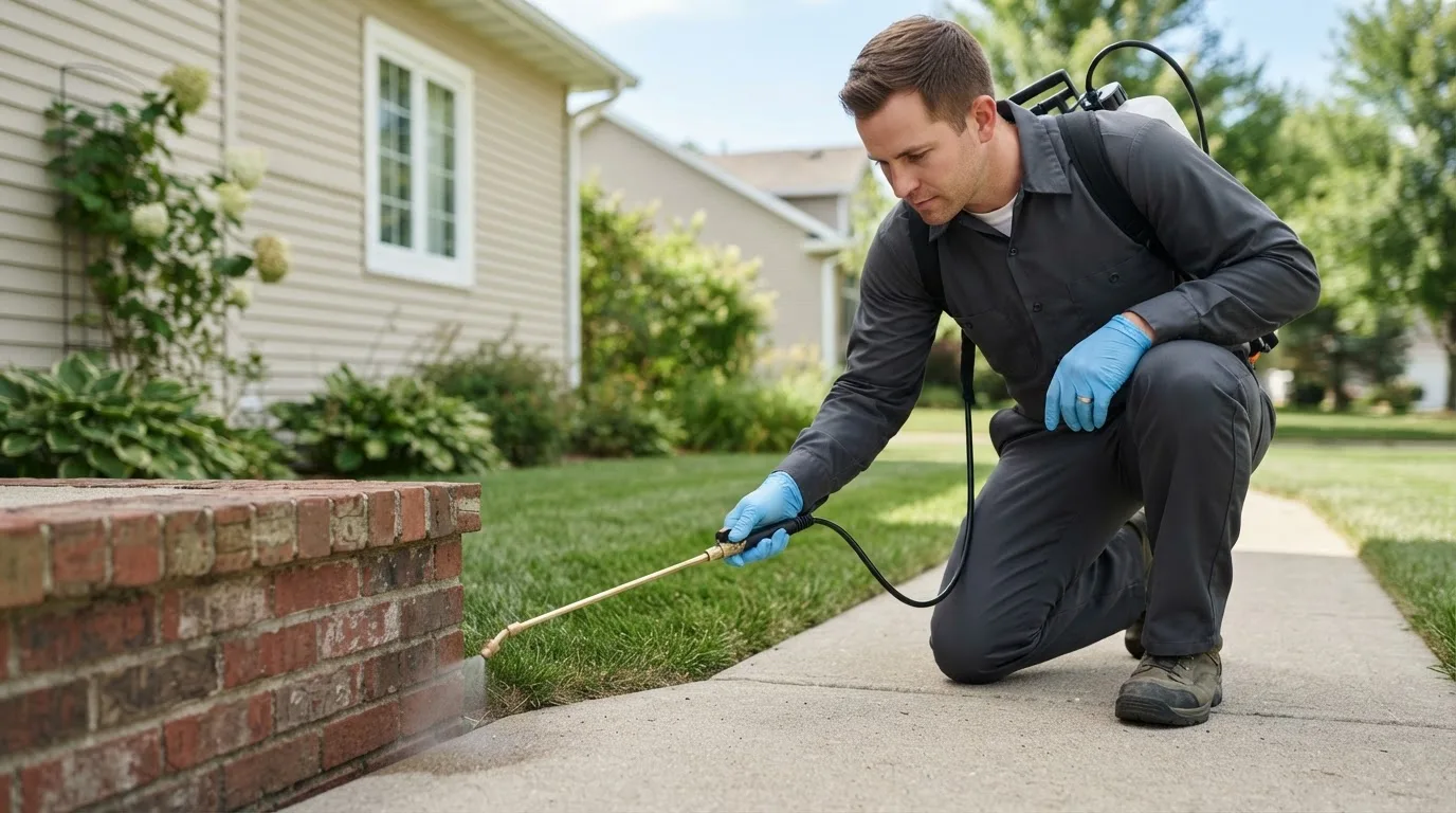 Pest control technician treating a home near Bellville, GA